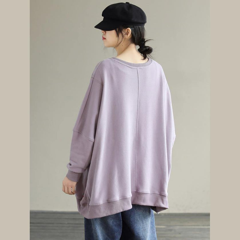 Modern Purple Cartoon Print Cotton Shirts O Neck Loose Spring Shirts