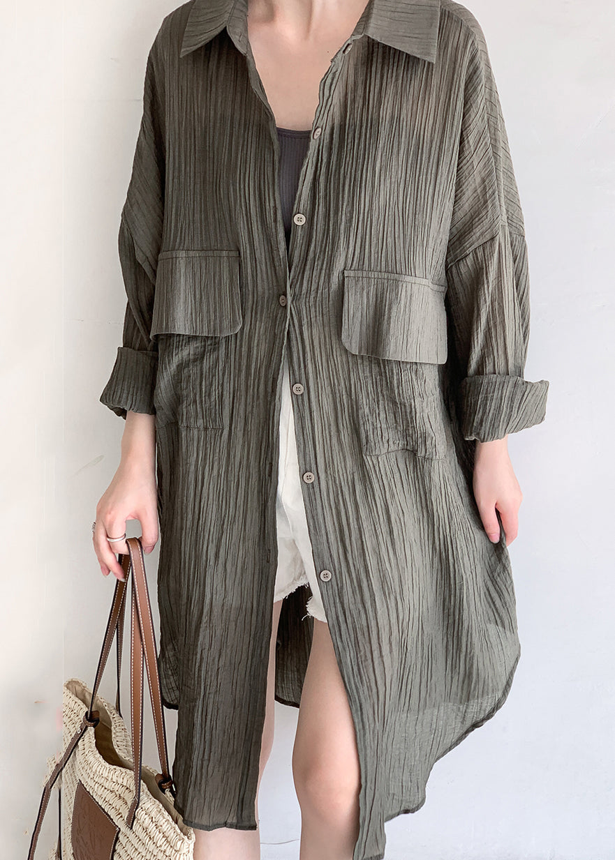 Army Green Button Patchwork Cotton Long Top Fall