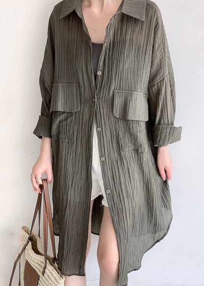 Army Green Button Patchwork Cotton Long Top Fall
