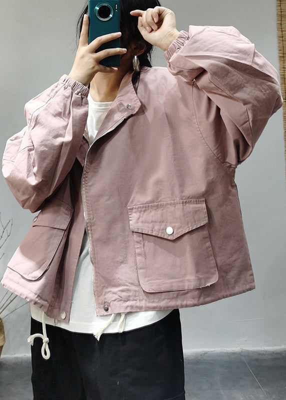 Loose Light Blue Stand Collar Zippered Drawstring Pockets Cotton Coats Long Sleeve