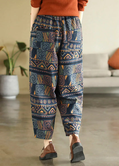Blue Elastic Waist Pockets Print Cotton Denim Harem Pants Fall