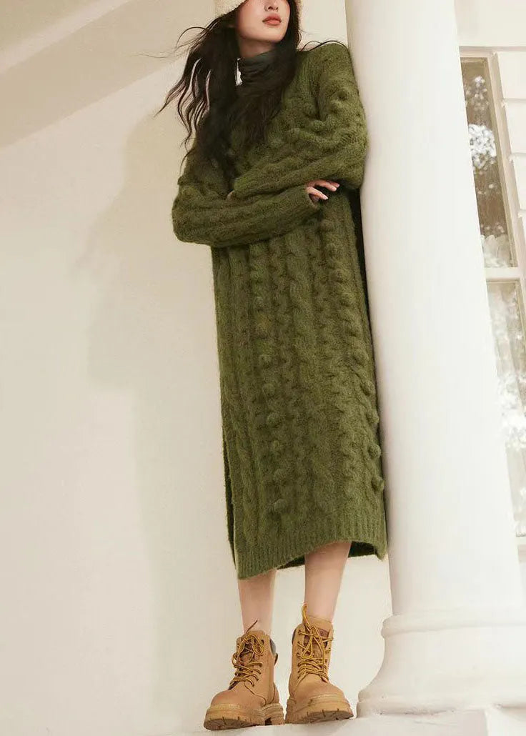 Handmade Green O-neck Side Open Cozy Cotton Knit Cable Sweater Dress Long Sleeve