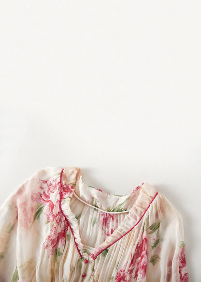 Apricot V Neck Print Wrinkled Chiffon Two Pieces Set Spring