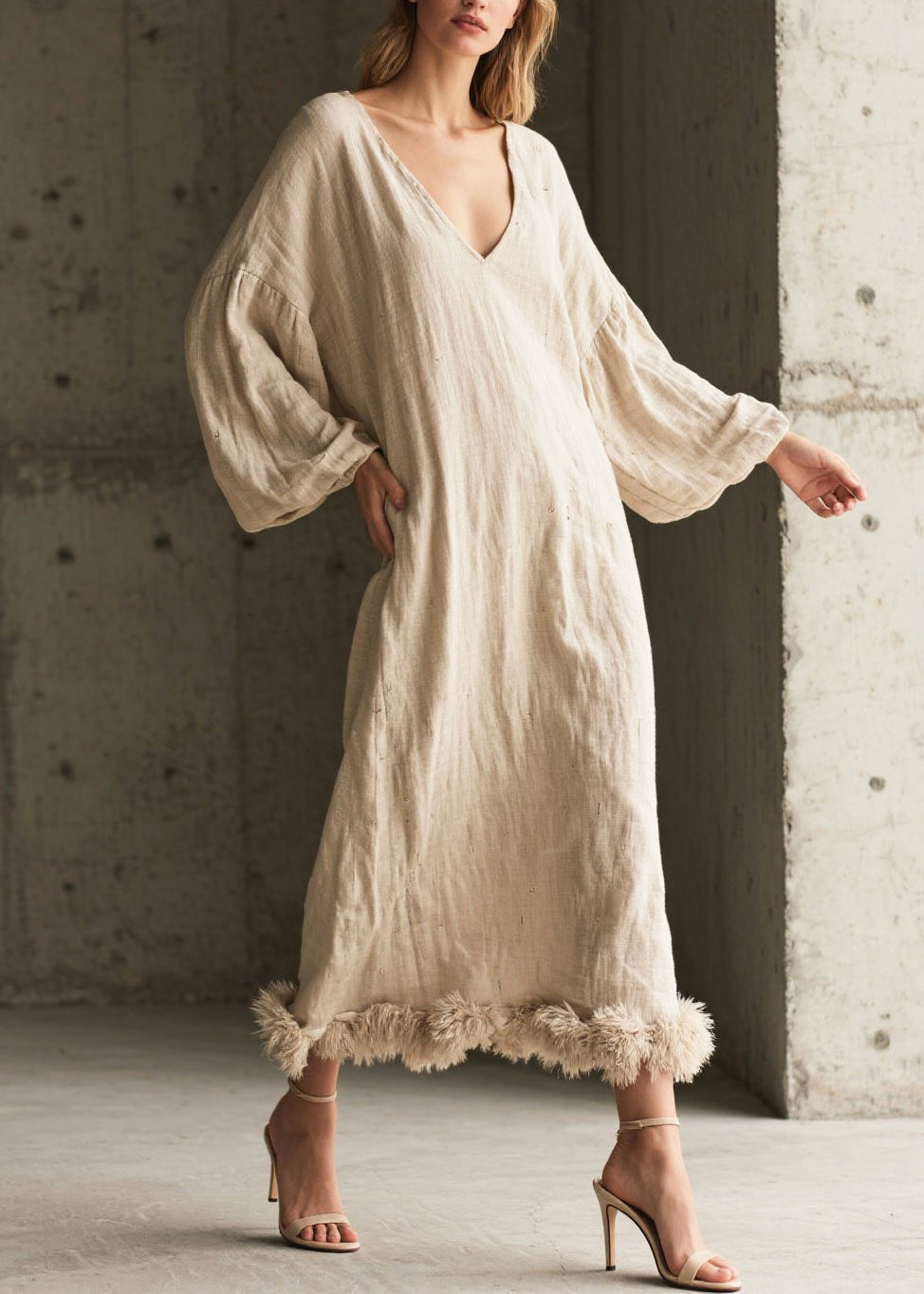 White V Neck Patchwork Faux Fur Cotton Maxi Dresses Fall