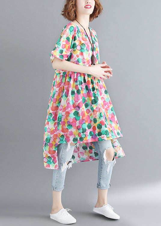 French O-neck Cinched Dot Print Low High Design Dress Short Sleeve