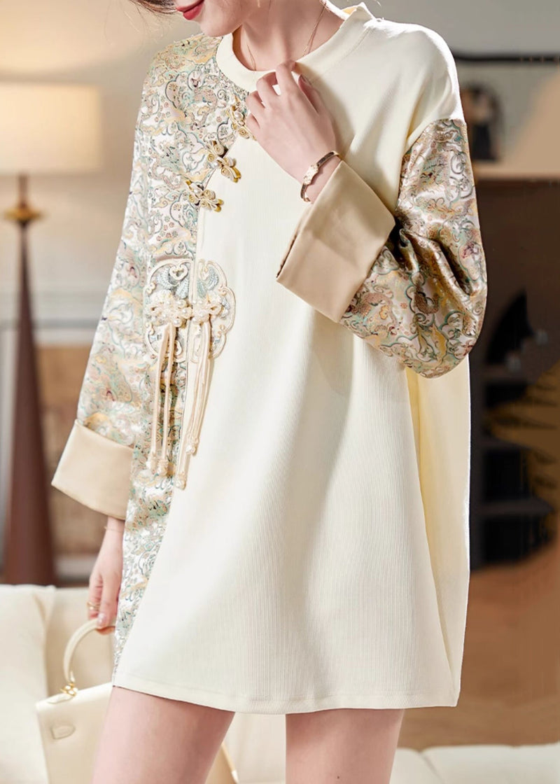 French Beige O-neck Print Patchwork Cotton T Shirt Long Sleeve