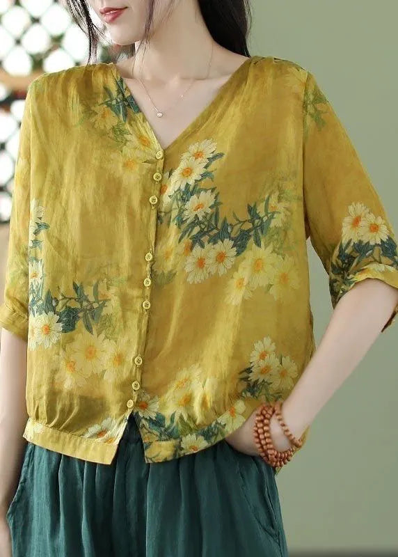 Yellow V Neck Print Linen Shirt Tops Half Sleeve
