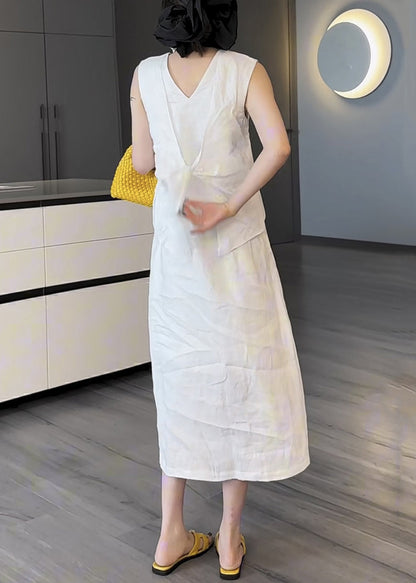 White Pockets False Two Pieces Cotton Long Dress V Neck Summer