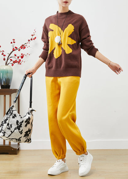 Coffee Oversized Print Knit Two Pieces Set Fall