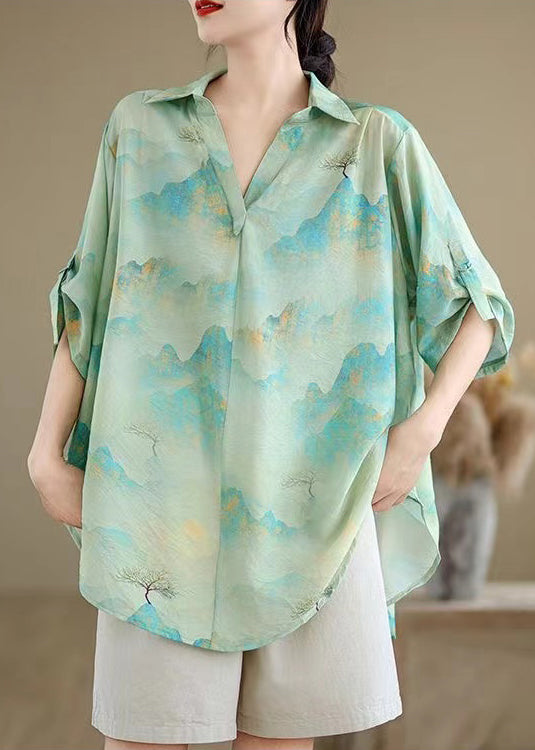 Blue Oversized Print Chiffon Shirts Summer
