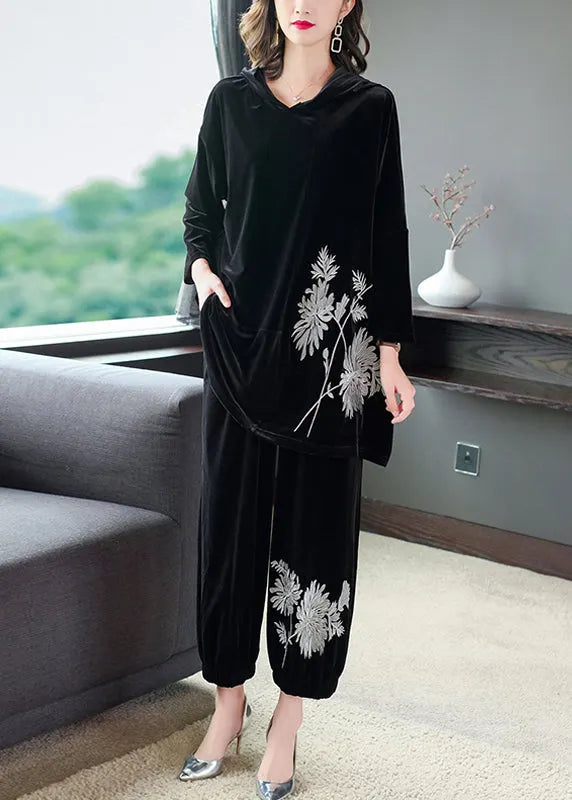 Black Embroideried Velour Top and Pants Two Pieces Set Fall