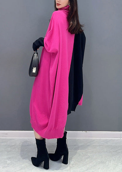 Rose Turtleneck Asymmetrical Patchwork Cotton Knit Long Dress Fall