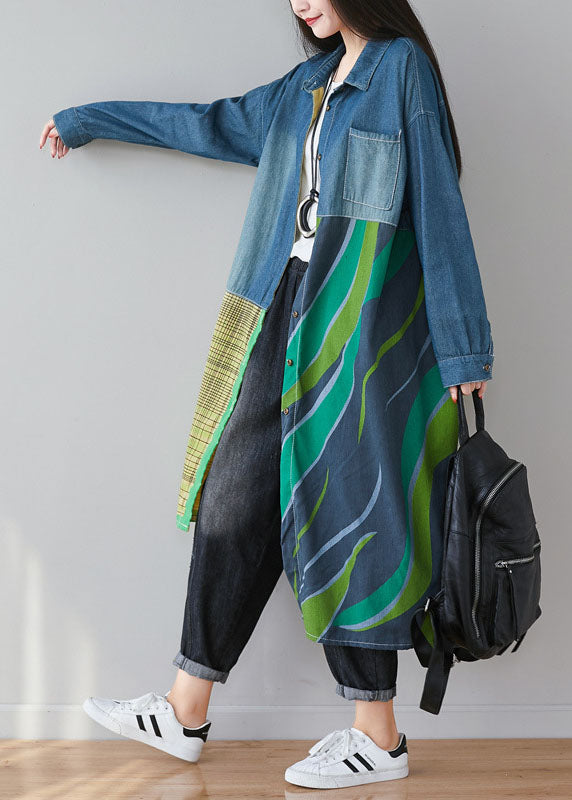 Blue Asymmetrical Patchwork Print Cotton Denim Trench Coats Spring