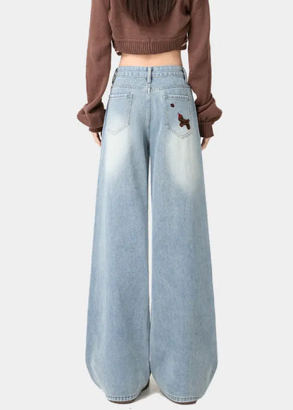 Light Blue Little Dogs Embroidered High Waist Warm Fleece Jeans Spring