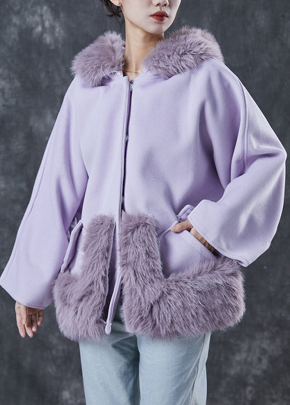 Stylish Purple Hooded Patchwork Woolen Jackets Spring