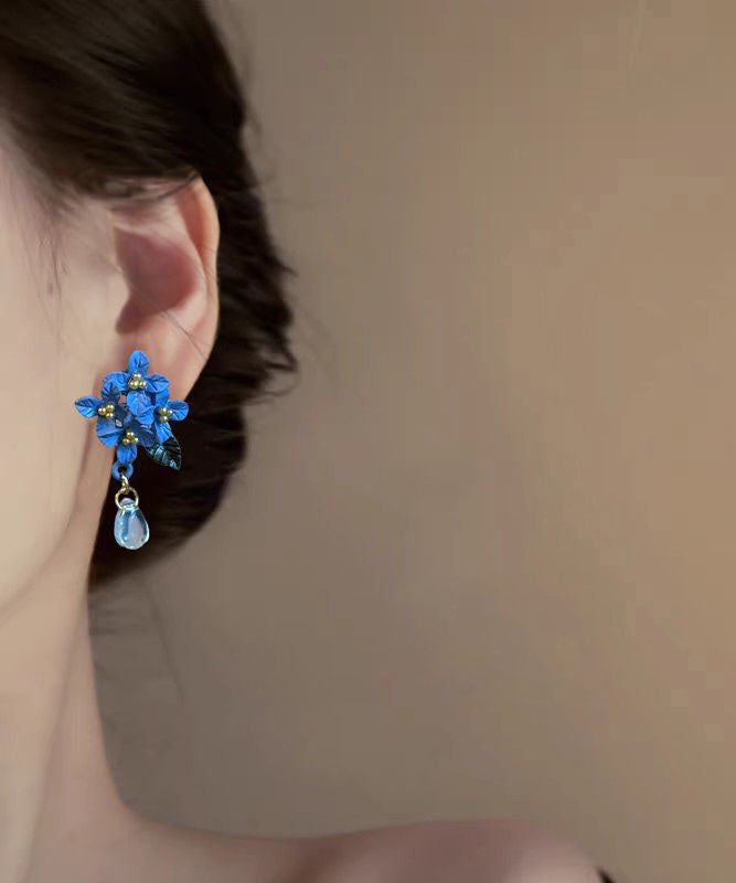 Retro Blue Alloy Acrylic Crystal Water Droplet Drop Earrings