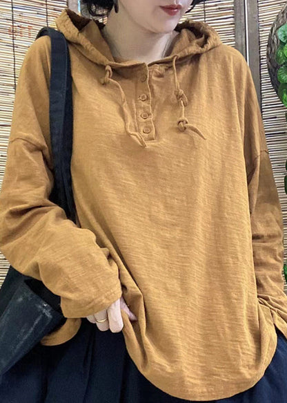 Simple White Hooded Drawstring Button Cotton Pullover Top Long Sleeve
