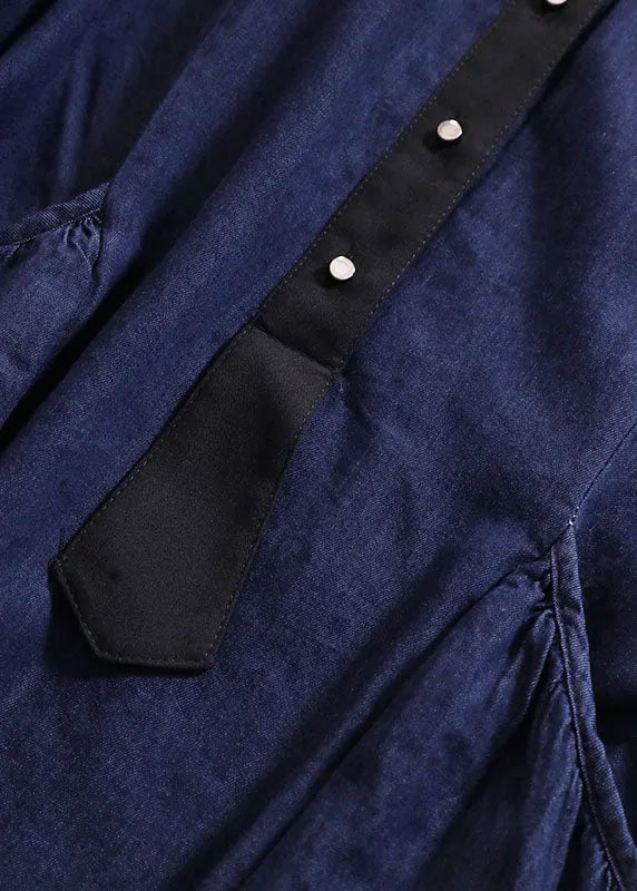 Blue Peter Pan Collar Patchwork Wrinkled Cotton Vacation Denim Dresses Short Sleeve