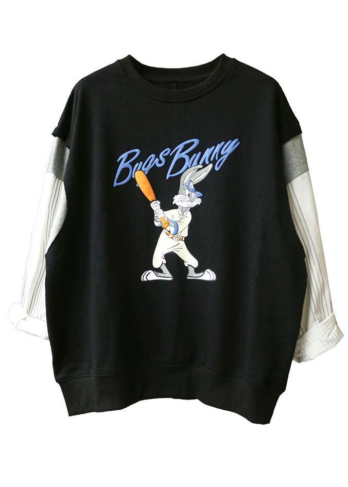 Modern Black O-neck Print Patchwork Fall Loose Sweatshirts Top