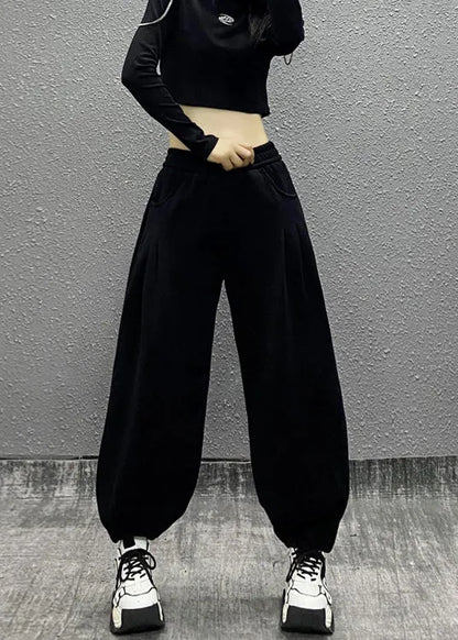 Grey Pockets Elastic Waist Cotton Beam Pants Fall