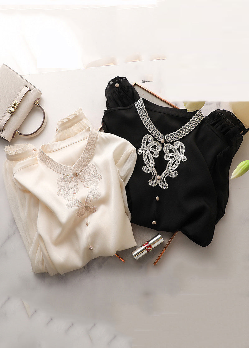 Black Embroideried Button Silk Shirts Long Sleeve