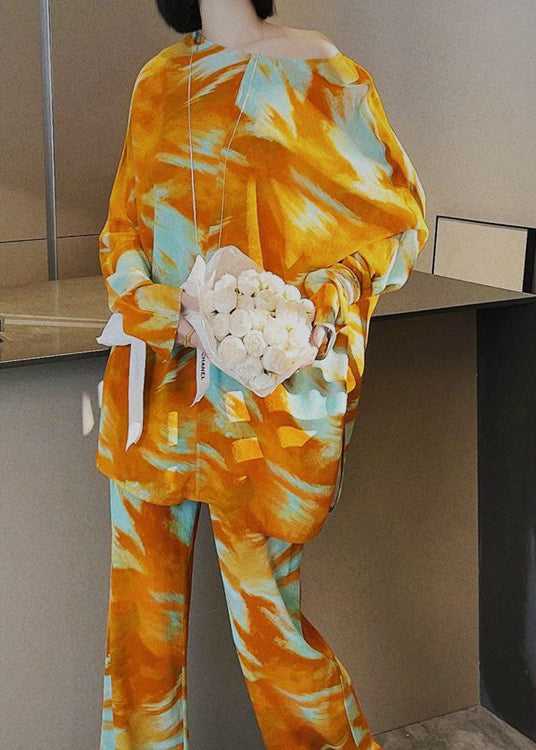 Italian Yellow Print Silk Two Piece Set Clothing Long Sleeve