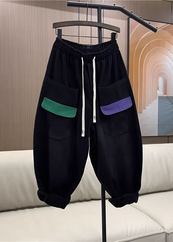 Rose Purple Pockets Elastic Waist Denim Harem Pants Fall