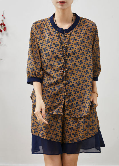 Brown Patchwork Tulle Linen Two Pieces Set Print Summer