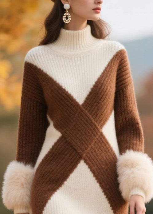 White Turtle Neck Patchwork Faux Fur Knit Dress Winter