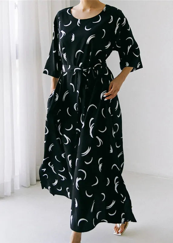 Black O-neck Bow Tie Waist Silk Maxi Dress Long Sleev