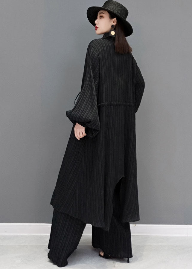 Style Black Drawstring Asymmetrical Cotton Long Shirt and Wide Leg Pants Two Pieces Set Spring