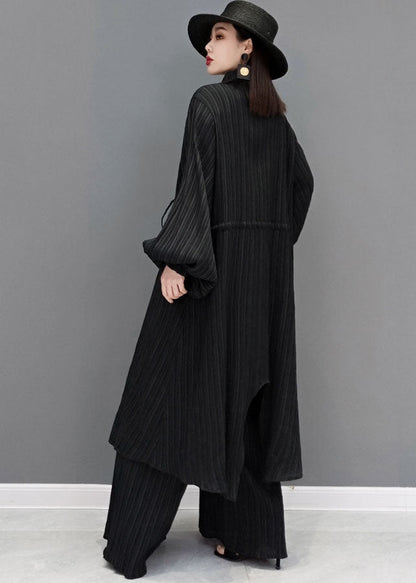 Style Black Drawstring Asymmetrical Cotton Long Shirt and Wide Leg Pants Two Pieces Set Spring
