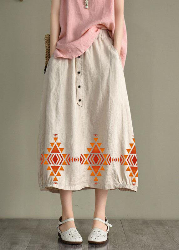 Khaki Linen Elastic Waist Button Skirt