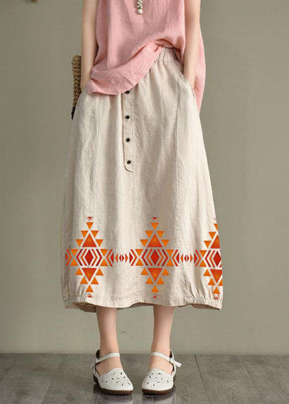 Khaki Linen Elastic Waist Button Skirt