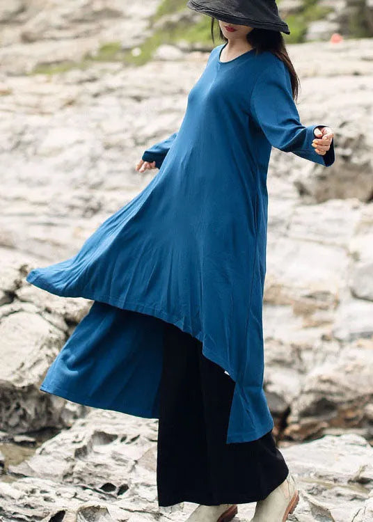 Simple Blue Asymmetrical Cotton Dress Spring