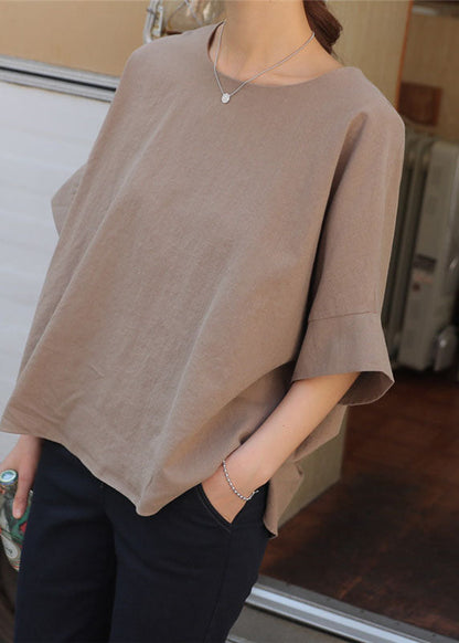 Light Camel O Neck Patchwork Cotton T Shirt Half Sleeve
