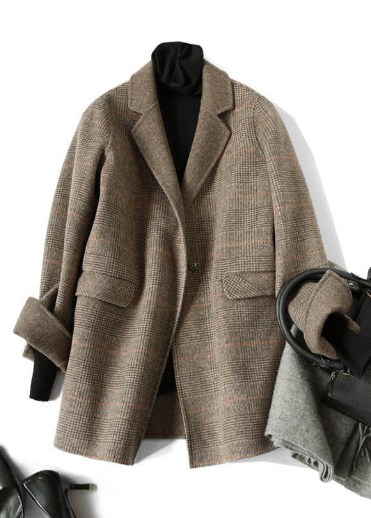 Chocolate Peter Pan Collar Plaid Woolen Coats Spring
