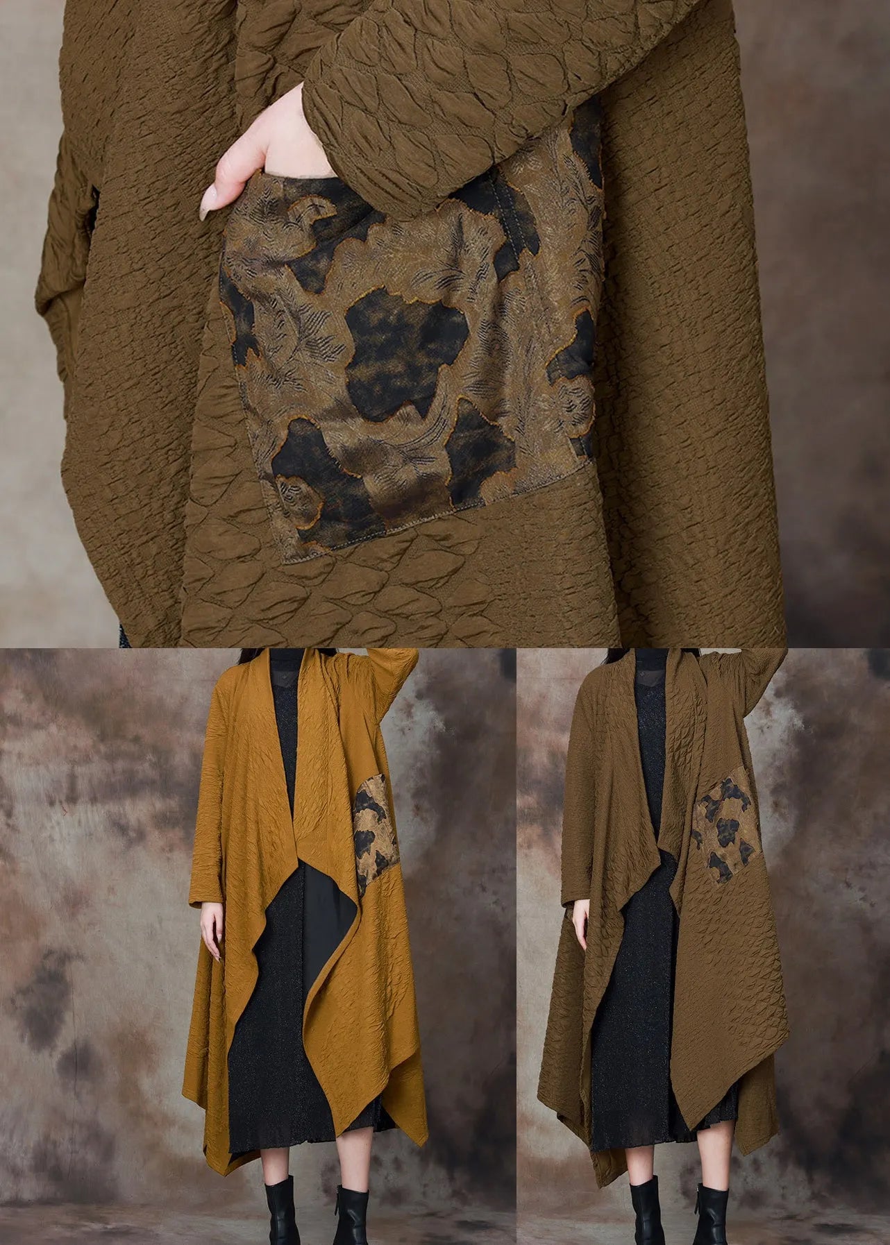 Dull Green Patchwork Cotton Loose Coat Asymmetrical Spring