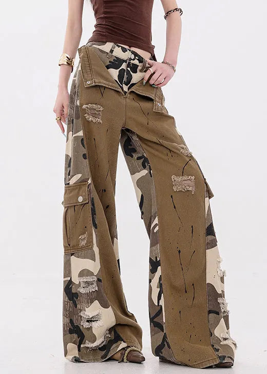 Camouflage Pockets False Two Pieces Patchwork Denim Pants Fall