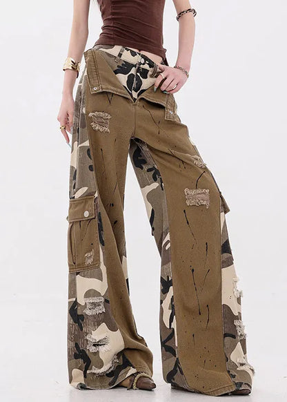 Camouflage Pockets False Two Pieces Patchwork Denim Pants Fall