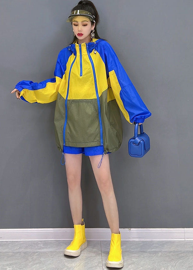 Classy Blue Yellow Hooded Zip Up Patchwork Coats and Shorts Two Pieces Set Summer