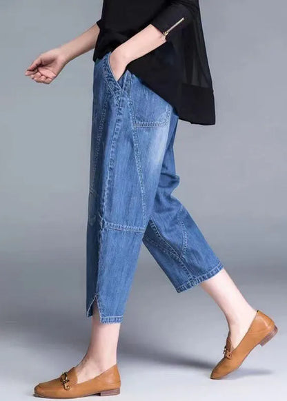Blue Pockets Patchwork Lantern Fall Denim Pants