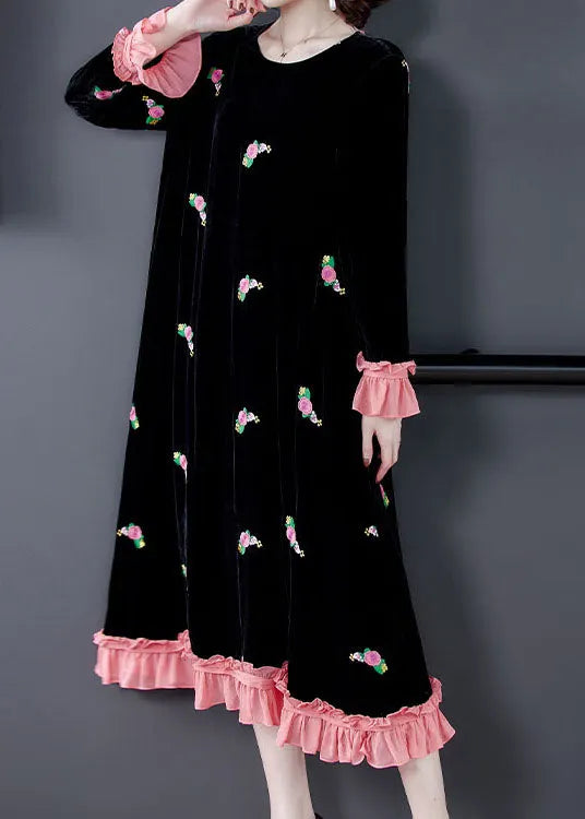 French Black Embroideried Velour Dress Spring