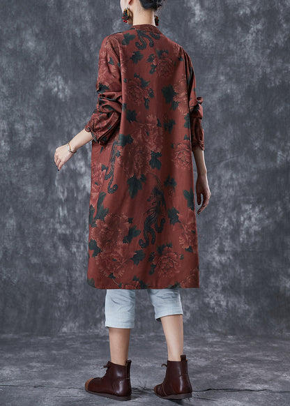 Dull Red Print Linen Chinese Style Shirt Dress Fall