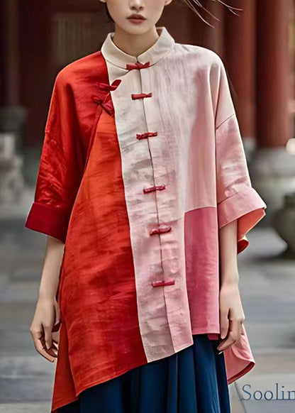 Red Stand Collar Low High Design Top Summer