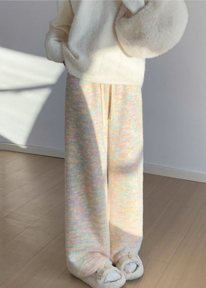 Rainbow Print Elastic Waist Warm Fleece Straight Pants Winter