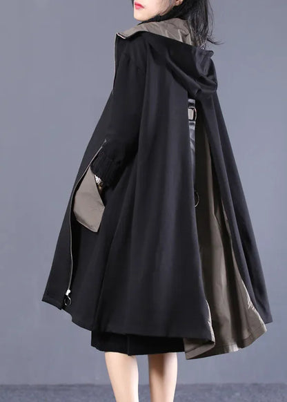 Black Hooded Zip Up Pockets Patchwork Cotton Trench Coats Outwear Fall