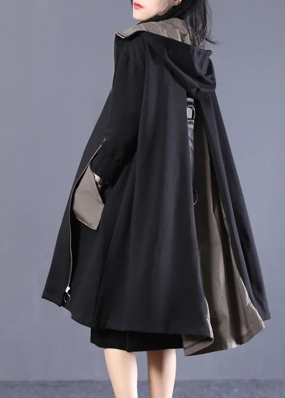 Black Hooded Zip Up Pockets Patchwork Cotton Trench Coats Outwear Fall