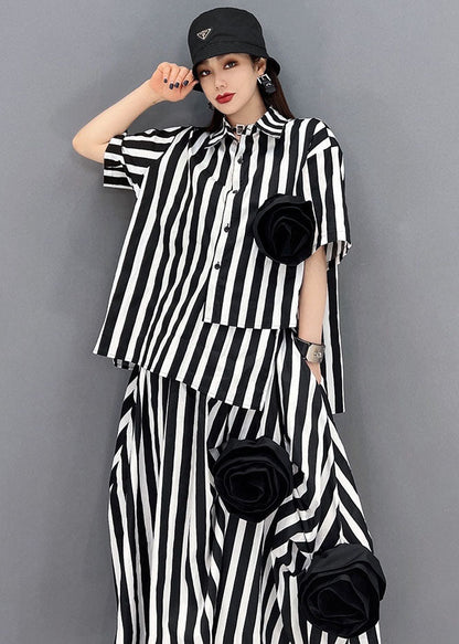 Diy Black White Striped Asymmetrical Cotton Two Pieces Set Summer
