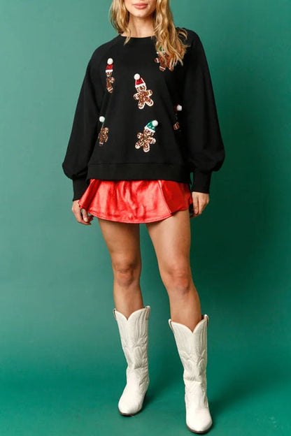 Christmas Gingerbread Man Sequin Long-Sleeve Sweatshirt